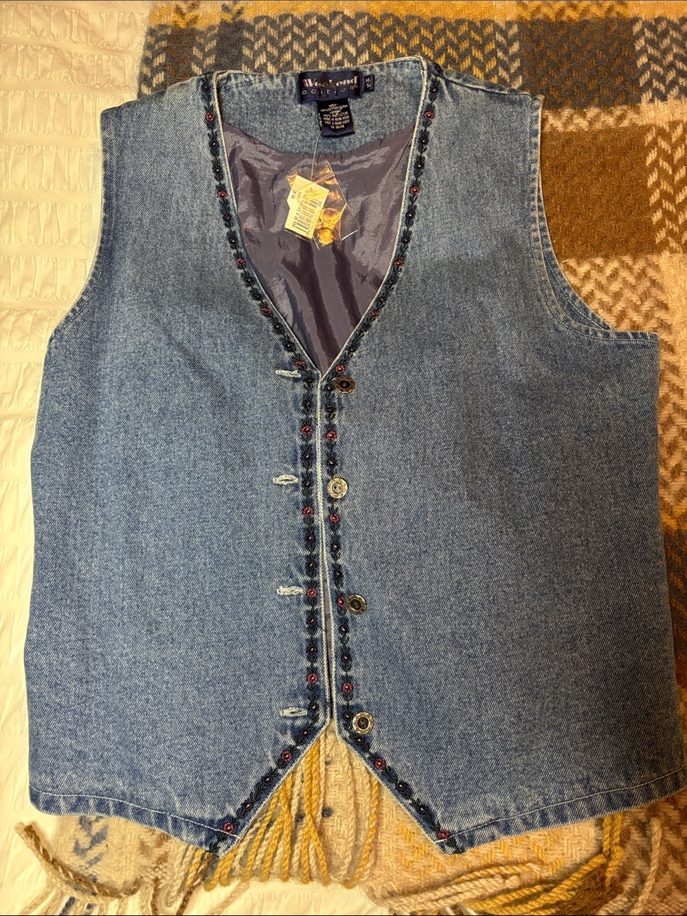 Vintage Denim Weekend Edition Vest with Embroidered Trim - Blue